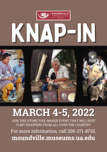 Knappers demonstrating the art of flint knapping on a poster for Moundville Archaeological Park's Knap-In event that is happening on March 4th and 5th.