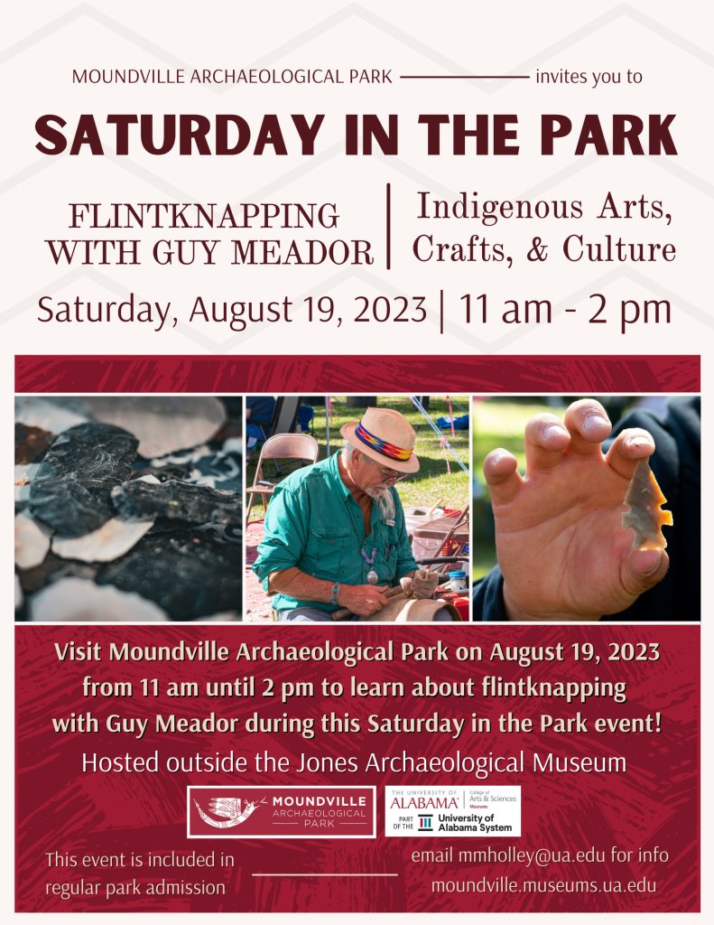 Event flyer for Saturday in the Park featuring flintknapping with Guy Meador